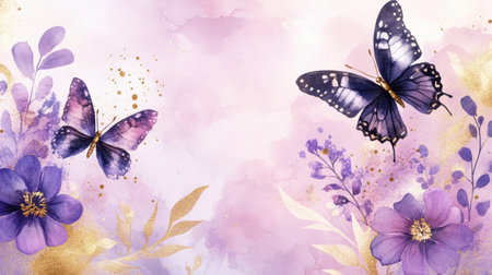 A stunning watercolor artwork featuring vibrant butterflies and delicate floral elements in shades of purple and pink, ideal for spring-themed projects.の素材
