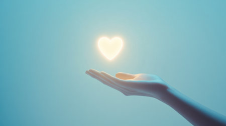 A close-up image of a hand reaching out with a glowing heart symbol above it. This enchanting scene conveys emotions of love, hope, and connection against a serene blue backdrop.の素材
