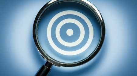 A magnifying glass highlights a blue target design with concentric circles, embodying clarity, focus, and precision for various thematic applications.の素材