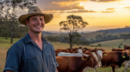 A young farmer smiles while standing in a cattle ranch at sunset. The serene landscape showcases a beautiful evening with cows grazing in the background.の素材