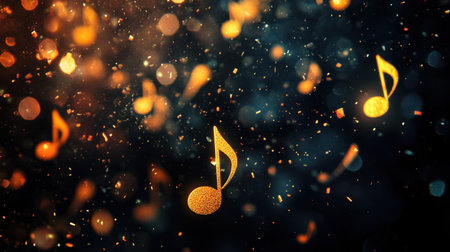 This captivating image features sparkling musical notes against a dark backdrop filled with light particles, creating a festive and artistic atmosphere perfect for music-themed projects.の素材