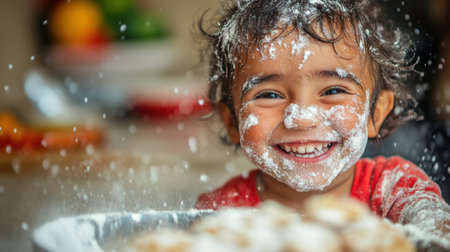 A joyful child covered in flour smiles widely while enjoying a fun baking moment in the kitchen. This image captures the essence of playful innocence and familial love.の素材