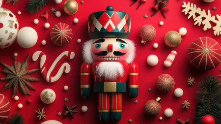 A vibrant nutcracker doll surrounded by assorted holiday decorations on a rich red background. Perfect for capturing the essence of festive celebration.の素材