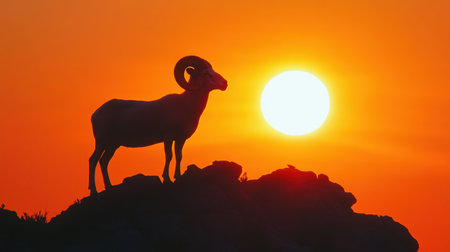 A striking silhouette of a majestic ram stands boldly on a rocky outcrop, framed by a stunning sunset that paints the sky in vibrant hues.の素材