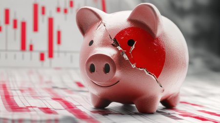 This image features a cracked piggy bank against a backdrop of financial graphs, highlighting the challenges of saving and investment during economic downturns.の素材