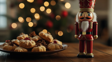 A charming nutcracker figurine alongside a plate filled with holiday cookies creates a warm, festive atmosphere perfect for seasonal celebrations.の素材