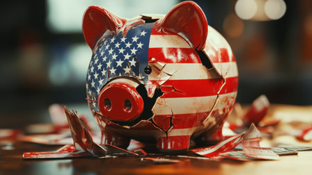 A striking image of a cracked piggy bank designed with the American flag, representing the challenges of saving money and managing finances in today's economy.の素材