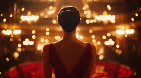 A captivating scene showcasing a woman in a glamorous red gown, facing an enchanting theater filled with glowing lights and an elegant ambiance.の素材