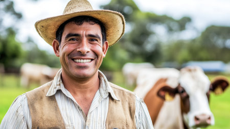 A cheerful farmer stands proudly in a vibrant pasture, surrounded by cows. His genuine smile reflects his passion for farming and connection to nature.の素材