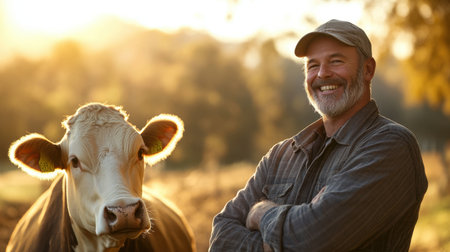 A cheerful farmer stands beside a cow in a tranquil pasture during sunset. The warm sunlight enhances the joyful atmosphere, showcasing the bond between humans and animals in rural life.の素材