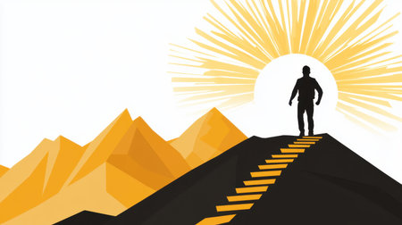 A silhouette of a person ascending steps on a mountain, symbolizing a journey toward success. The golden rays of the sun radiate hope and inspiration.の素材