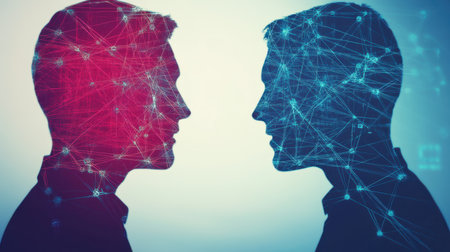 Two abstract silhouettes face each other, surrounded by digital connections in a vibrant and colorful design, symbolizing modern communication and collaboration.の素材