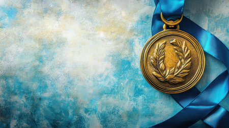 A striking golden medal rests on a blue ribbon against an abstract background, symbolizing achievement and recognition in sports or competitions.の素材