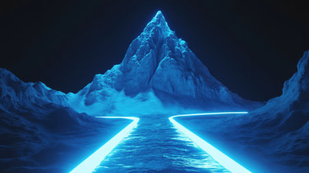 Futuristic journey to success with a luminous pathway and mountain peak, representing motivation and limitless growth.の素材