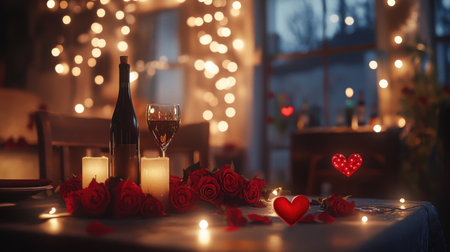 A romantic dinner setting showcasing a bottle of wine, a glass, and red roses on a beautifully decorated table, perfect for an intimate celebration.の素材