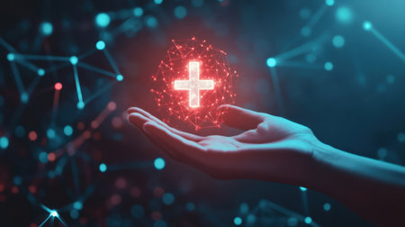 Healthcare innovation visual with a human hand offering a glowing cross icon, symbolizing well-being and benefits.の素材
