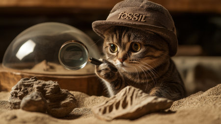 A playful cat wearing a hat investigates fossils with a magnifying glass. This unique scene captures curiosity and adventure in a sandy environment. Perfect for animal lovers!の素材