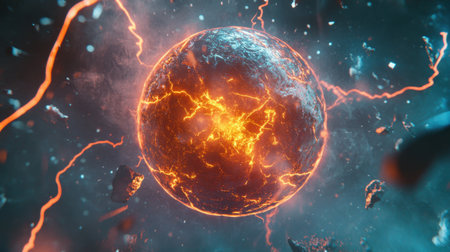 Glowing plasma sphere radiating intense energy, surrounded by electric lightning, set against a futuristic blue background.の素材