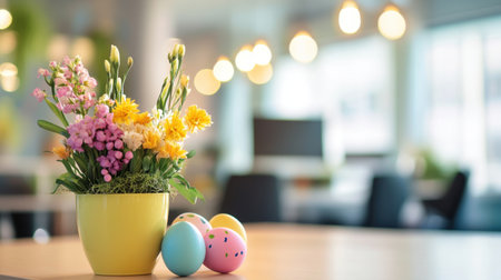 A vibrant arrangement of flowers in a yellow vase with colorful Easter eggs on a tabletop, creating a cheerful and inviting spring atmosphere.の素材