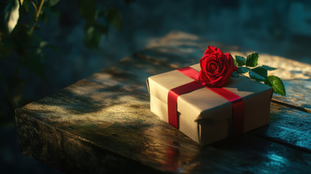 A beautifully wrapped gift box adorned with a red ribbon and a fresh rose, set on a rustic wooden table, creating a romantic and elegant scene.の素材