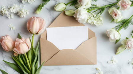 Minimal design featuring a blend of spring flowers and blank paper space for text, light and airy themeの素材