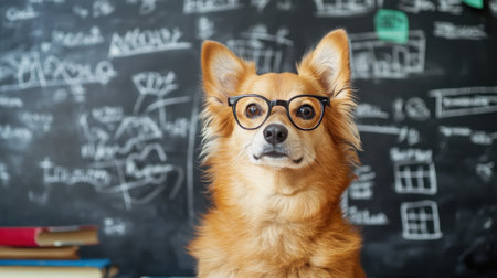 A clever-looking dog wearing glasses sits in front of a chalkboard filled with educational notes and drawings. This image captures a unique blend of humor and intellect.の素材