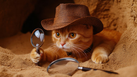 A curious orange cat wearing a brown hat investigates sandy terrain with a magnifying glass, capturing a playful scene of exploration and adventure.の素材