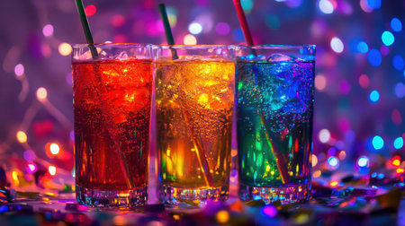 Three vibrant sparkling drinks in glasses stand against a background of colorful bokeh lights, perfect for capturing a joyful celebration or festive occasion.の素材