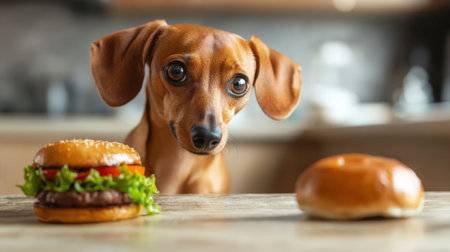 A small brown dog curiously watches a delicious burger on a kitchen table, creating an adorable and inviting scene that captures the essence of pet curiosity.の素材