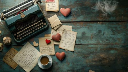 A vintage typewriter surrounded by heartfelt love letters, decorative hearts, and a warm cup of coffee. Perfect for themes of nostalgia and romance.の素材