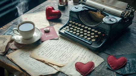 A vintage typewriter sits on a rustic table alongside love letters and a warm cup of coffee, evoking nostalgia and romance in a cozy setting.の素材