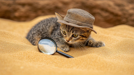 A playful kitten wearing a hat examines sand with a magnifying glass, capturing the essence of curiosity and exploration in a warm desert environment.の素材