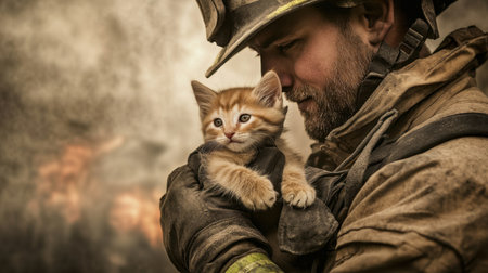 A touching scene of a firefighter cradling an adorable kitten, showcasing a heartfelt bond in a challenging environment. The image captures courage and compassion.の素材