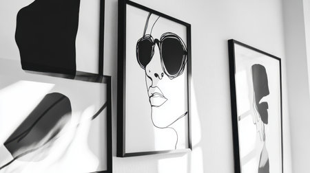 A stylish display of black and white art prints featuring abstract faces with sunglasses. Perfect for home decor, adding elegance and modernity to any space.の素材
