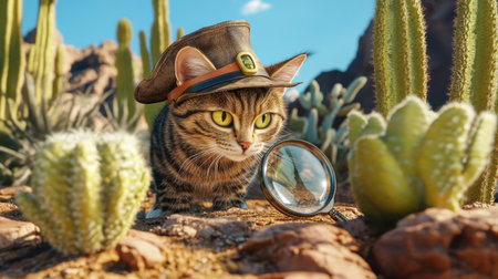 A curious cat dons an explorer's hat in a vibrant desert landscape, surrounded by cacti. This whimsical scene captures the essence of adventure and discovery.の素材