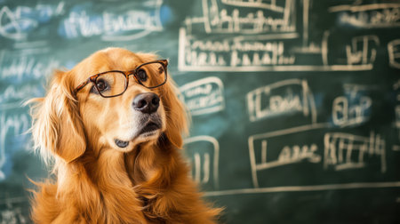 A golden retriever wearing glasses poses in front of a chalkboard filled with equations and notes, creating a humorous and adorable educational scene.の素材