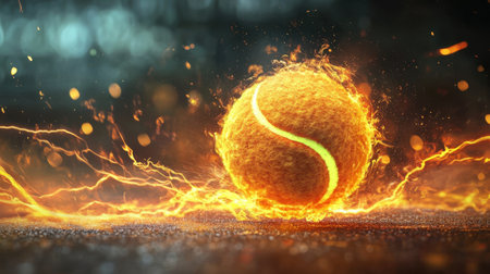 A vibrant tennis ball surrounded by energetic sparks and flames, showcasing motion and intensity. Ideal for sports-themed projects and designs.の素材