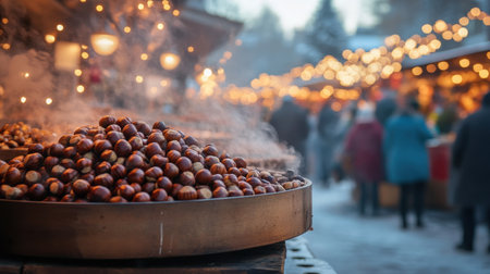 A close-up view of roasted chestnuts at a bustling winter market. Steam rises from the warm delicacies, creating a cozy atmosphere filled with festive joy.の素材