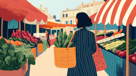 A woman strolls through a lively market filled with fresh vegetables and colorful produce. Vibrant stalls create a cheerful ambience, showcasing healthy choices.の素材