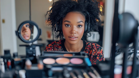 A young woman with headphones sits in front of a makeup setup, showcasing beauty products and a mirror reflection. The scene captures a stylish atmosphere filled with creativity.の素材