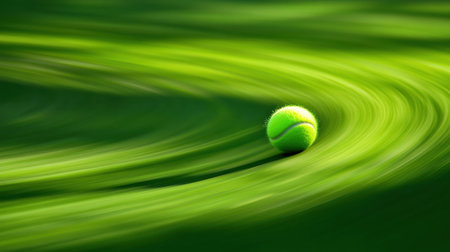 A bright green tennis ball rolls swiftly across a blurred green surface, capturing the essence of speed and motion in sports. Perfect for conveying energy.の素材
