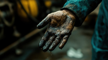 Close-up of a dirty hand covered in oil and grime, showcasing the hard work of an industrial worker. The image illustrates the realities of manual labor and maintenance.の素材