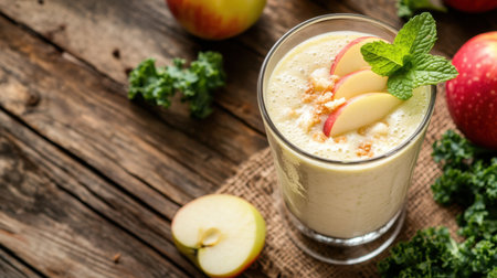 A refreshing green smoothie made with apple slices, fresh mint, and kale, served in a tall glass. Perfect for a healthy breakfast or snack option.の素材