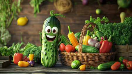 This vibrant illustration features a joyful cartoon cucumber with a big smile among an assortment of fresh vegetables. Perfect for promoting healthy eating!の素材