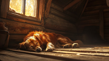 A serene golden retriever rests comfortably on a wooden floor inside a cozy cabin, basking in soft sunlight, creating a tranquil and warm atmosphere.の素材