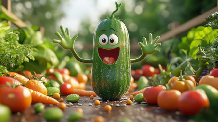 A joyful cartoon cucumber character stands amidst a vibrant array of fresh vegetables, exuding happiness and playfulness in a colorful garden setting, perfect for kids' themes.の素材