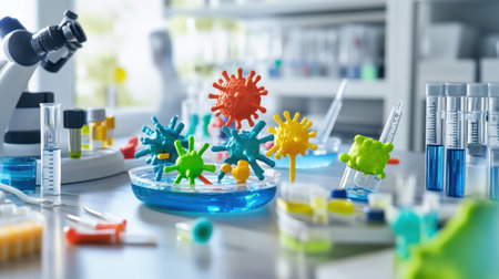 Vibrant representation of colored microorganisms in a laboratory setting showcasing experiments and scientific exploration with advanced equipment and tools.の素材