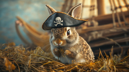 Adorable rabbit dressed in a pirate hat poses on straw with a ship backdrop, creating a playful scene full of adventure and imagination.の素材