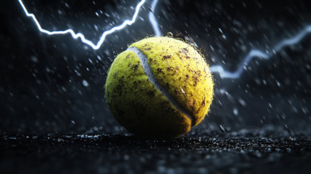 A vibrant tennis ball sits on a wet surface during a storm, featuring rain and dramatic lightning. The contrast between bright yellow and dark surroundings creates a powerful visual impact.の素材