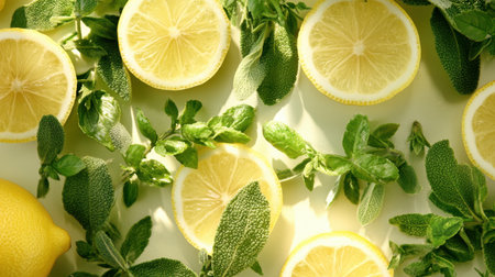 Vibrant arrangement of fresh lemon slices intertwined with green herbs, showcasing a bright and healthy culinary scene perfect for summer recipes.の素材